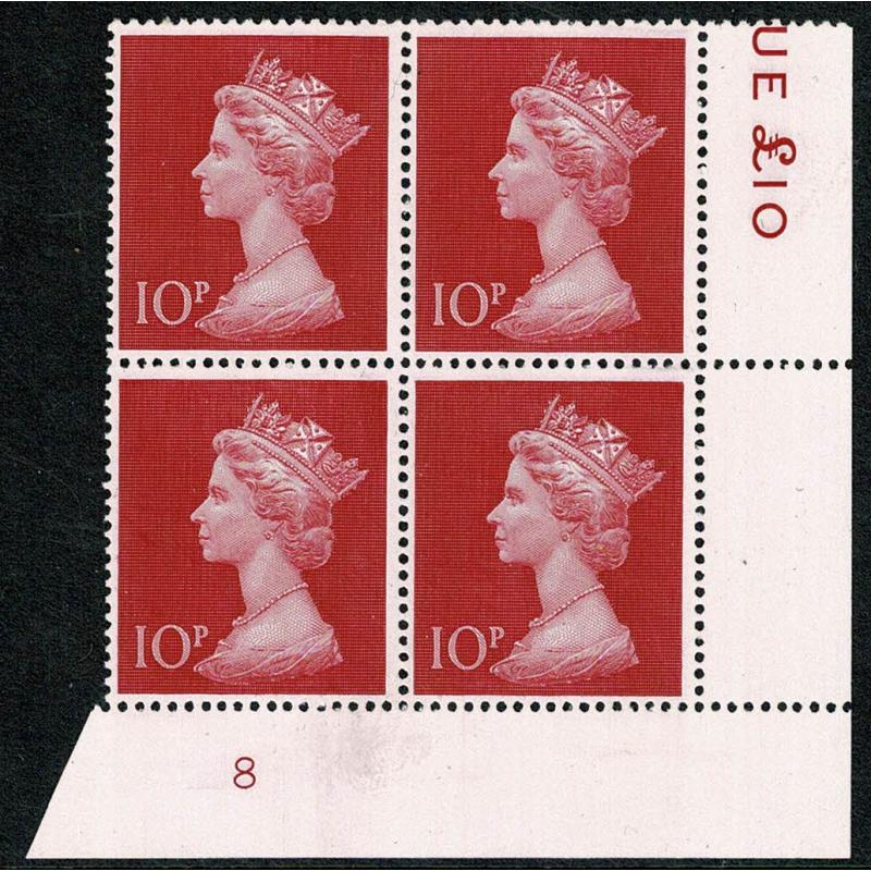 10p Cerise. Plate 8 block of four.