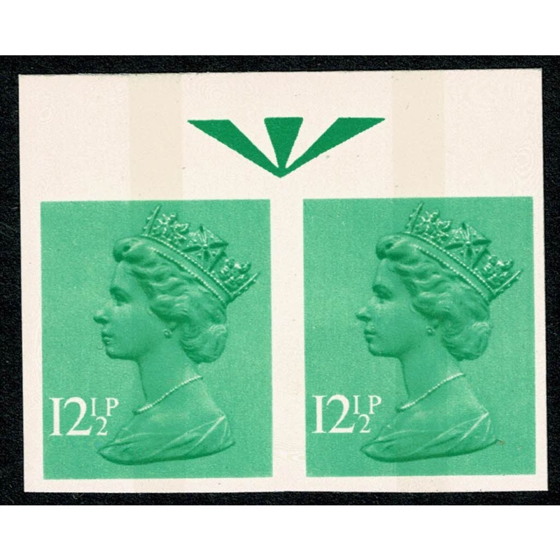 12½p light emerald FCP/PVAD CB. IMPERFORATE POSITIONAL HORIZONTAL PAIR. SG X898a