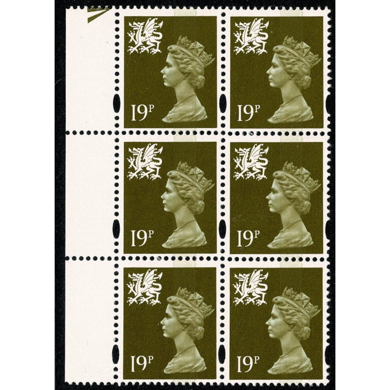 19p Olive-green OFNP/PVA CBar yellow fluor Perf A(r). Over inking variety.