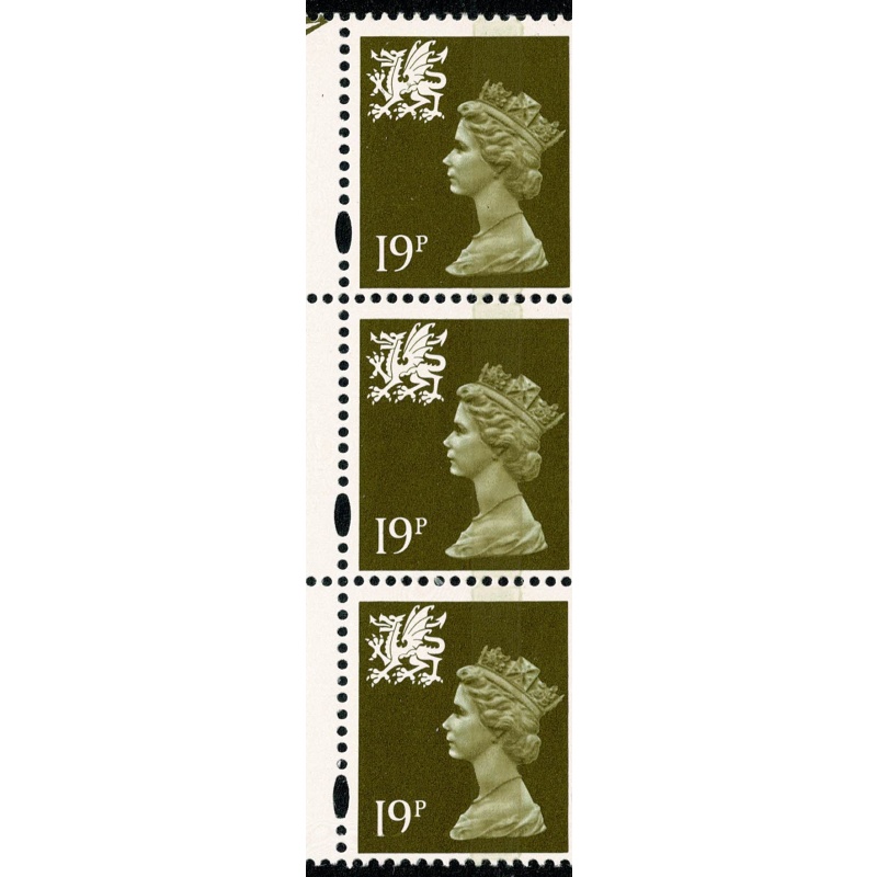 19p Olive-green OFNP/PVA CBar yellow fluor Perf A(r). Over inking variety.