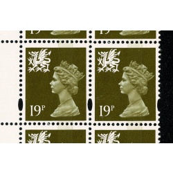 19p Olive-green OFNP/PVA CBar yellow fluor Perf A(r). Over inking variety.