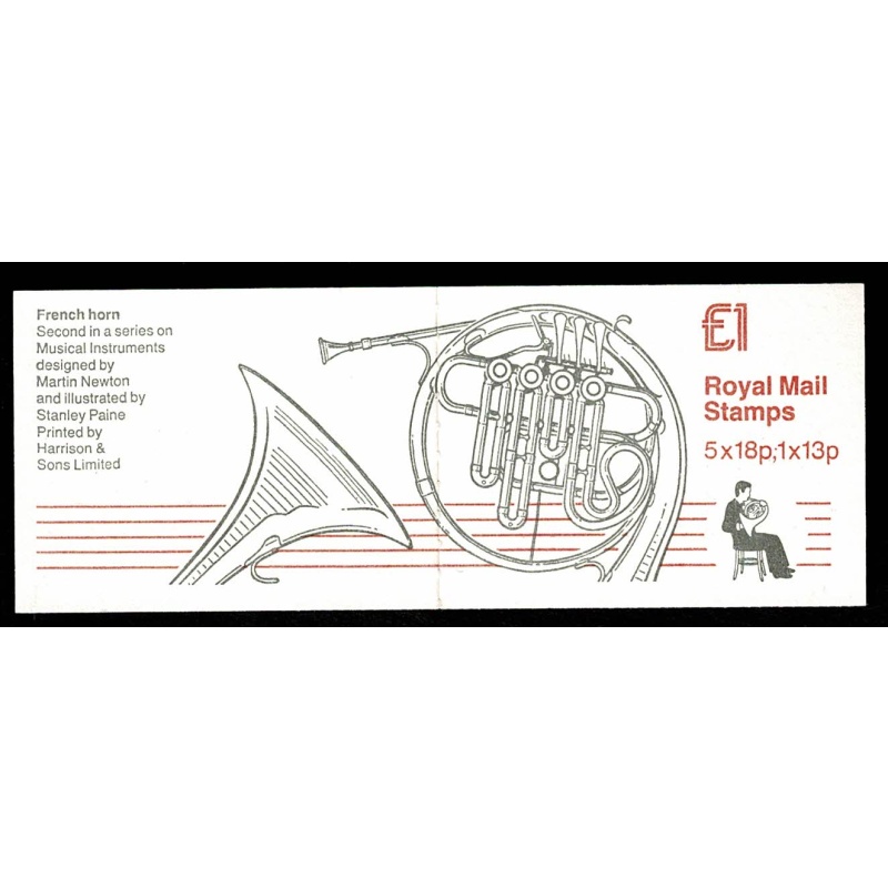 £1 Musical Instruments No.2 "French Horn" . Cyl. B5 B26 pB70. DP95.  SG FH6. Plated column 2 of primary sheet.