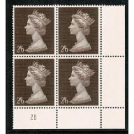 1969 2/6 Machin Plate 2B block of four.