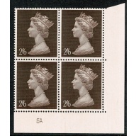 1969 2/6 Machin Plate 6A block of four.