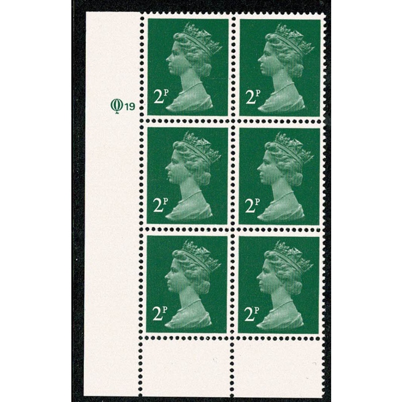 2p green. ACP/PVAD 15 x 14. lower left Q19 cyl. block of six.