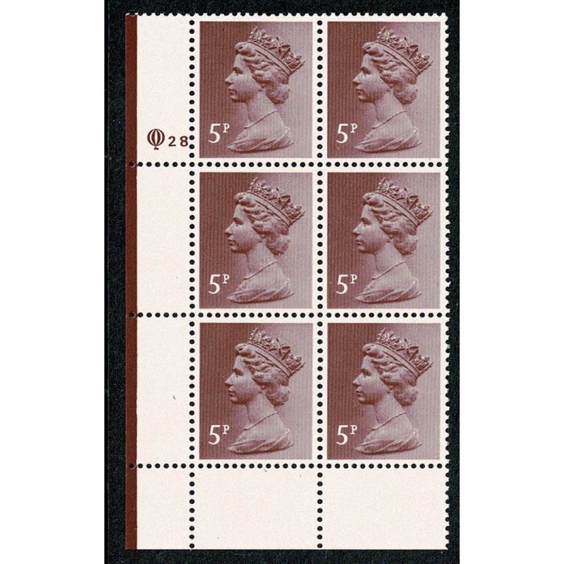 5p Claret. ACP/PVAD 15 x 14. lower left Q28 cyl. block of six.