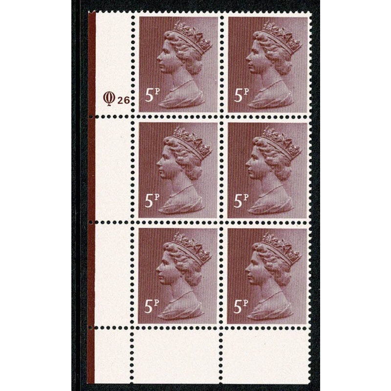 5p Claret. PCP/PVAD 15 x 14. lower left Q26 cyl. block of six.