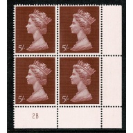 1969 5/- Machin Plate 2B block of four.