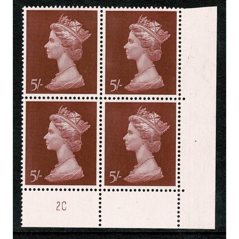 1969 5/- Machin Plate 2C block of four.