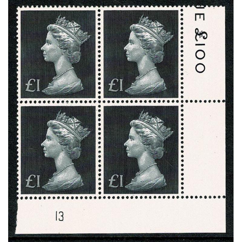 1972 £1 bluish black redrawn value. Plate 13 block of four.