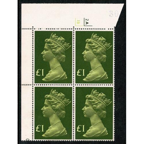 1977 £1 yellow green & blackish olive. Cylinder 2A 1B no dot block of four.