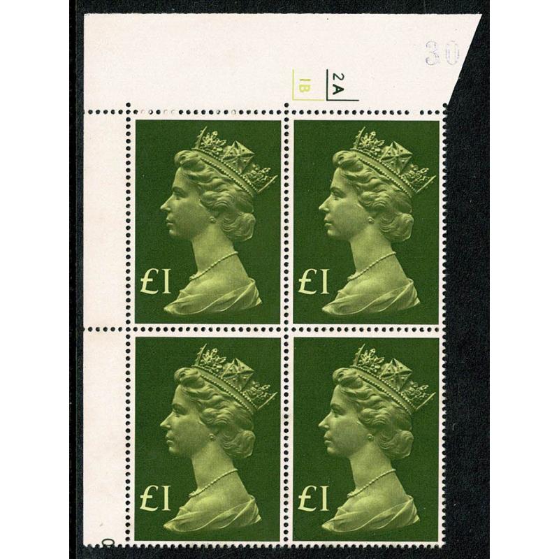 1977 £1 yellow green & blackish olive. Cylinder 2A 1B no dot block of four.