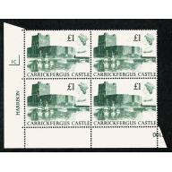 1988 Castle £1. Plate 1C block of four.