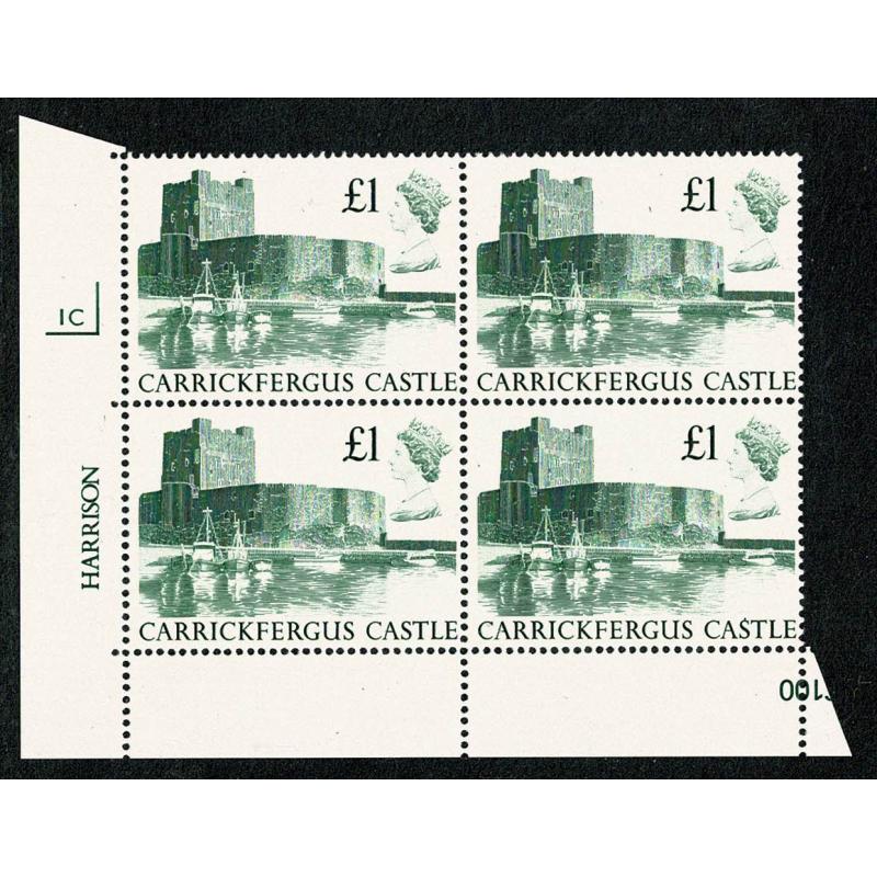 1988 Castle £1. Plate 1C block of four.