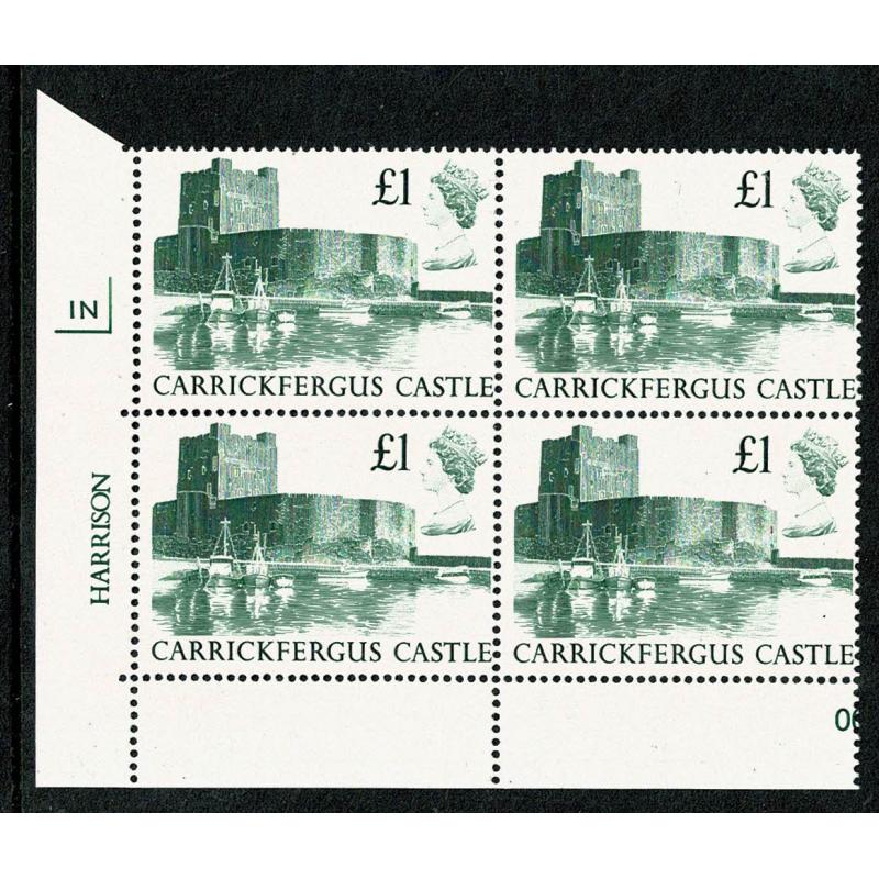 1988 Castle £1. Plate 1N block of four.