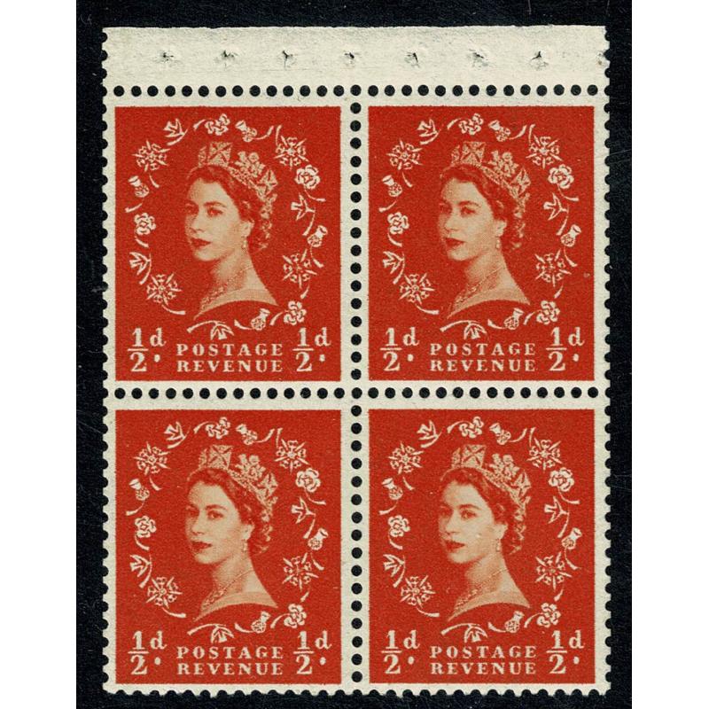 SB10a Pane of  4 x ½d. Watermark Crowns to Right. Perf AP.