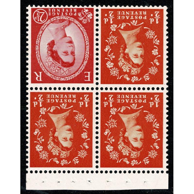 SB12a. Pane of 3 x ½d with 2½d. Chalk surfaced paper, Watermark Crowns Inverted. Perf Is.