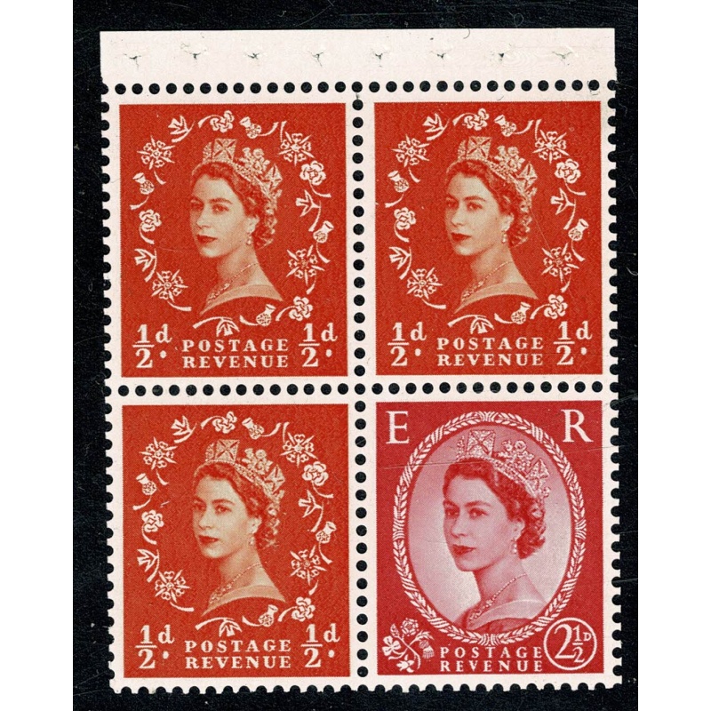 SB12. Pane of 3 x ½d with 2½d. Chalk surfaced paper, Watermark Crowns Upright. Perf Is.