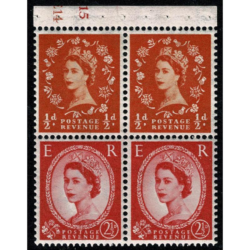 SB13a. Pane of 2 x ½d/2½d. Watermark Crowns to right. Cylinder E14 J15 no dot. Perf I.