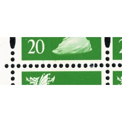 20p Bright green OFNP/PVA CB Matt paper. "seperated" 15 hole perf error.