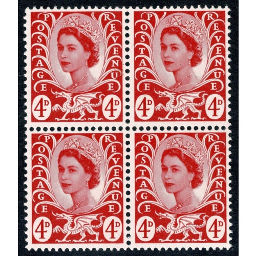 4d bright vermilion. MISSING PHOSPHOR. Block of 4. SG W10y